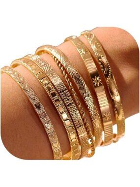 Women's Bangles Set, Multi Layer Textured 14k Gold Plated Chunky Gilded Bracelet